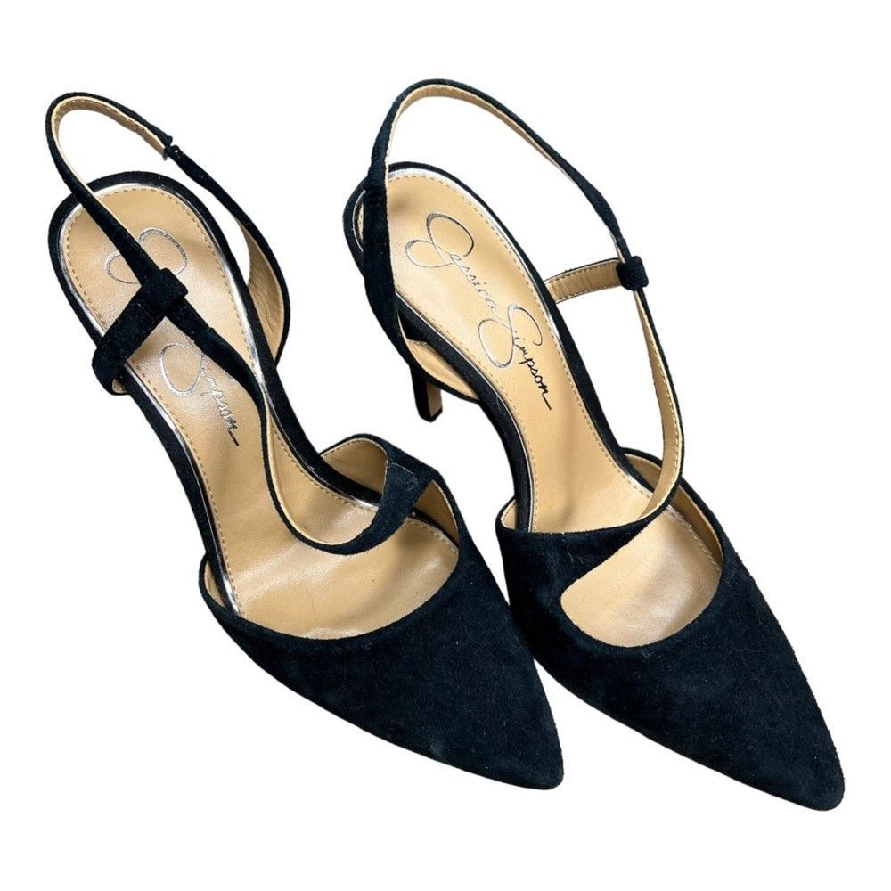 Jessica Simpson black suede, sling back, pointed toe heels Sz 9